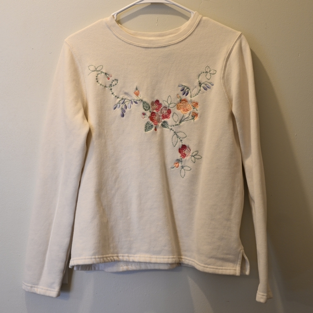 Cream Fleece Lined Cottonblend Long Sleeve Top Floral Embroidered Medium Spring
